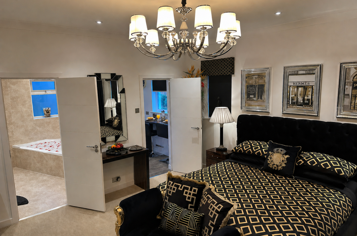Luxury suite with king bed, chandelier lighting, ensuite bathroom with oversized bath and shower and kitchenette in a luxury Bournemouth B&B accommodation