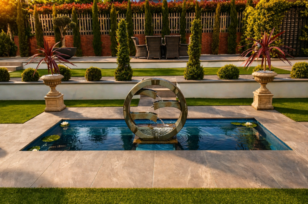 Formal garden water feature with circular sculpture and reflecting pool, surrounded by manicured planting and terrace seating