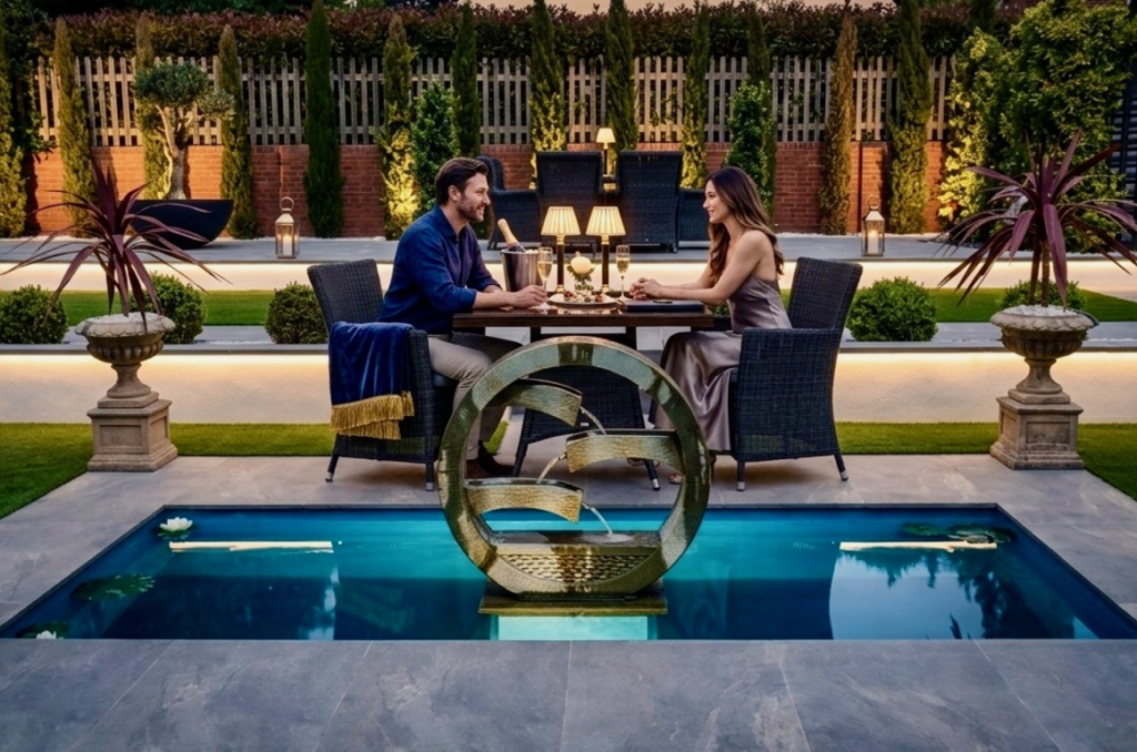 Couple dining outdoors by water feature with champagne and candlelight in a landscaped garden setting