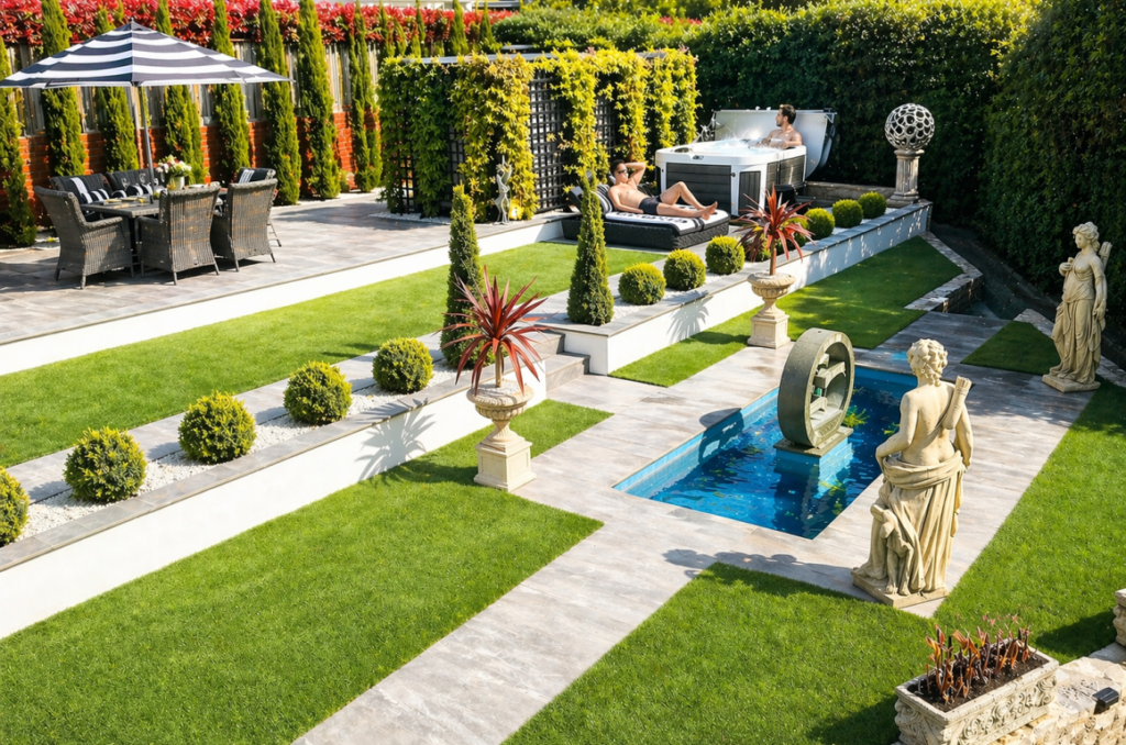 Private landscaped garden with hot tub, loungers and dining terrace, with guests relaxing in a tiered outdoor setting