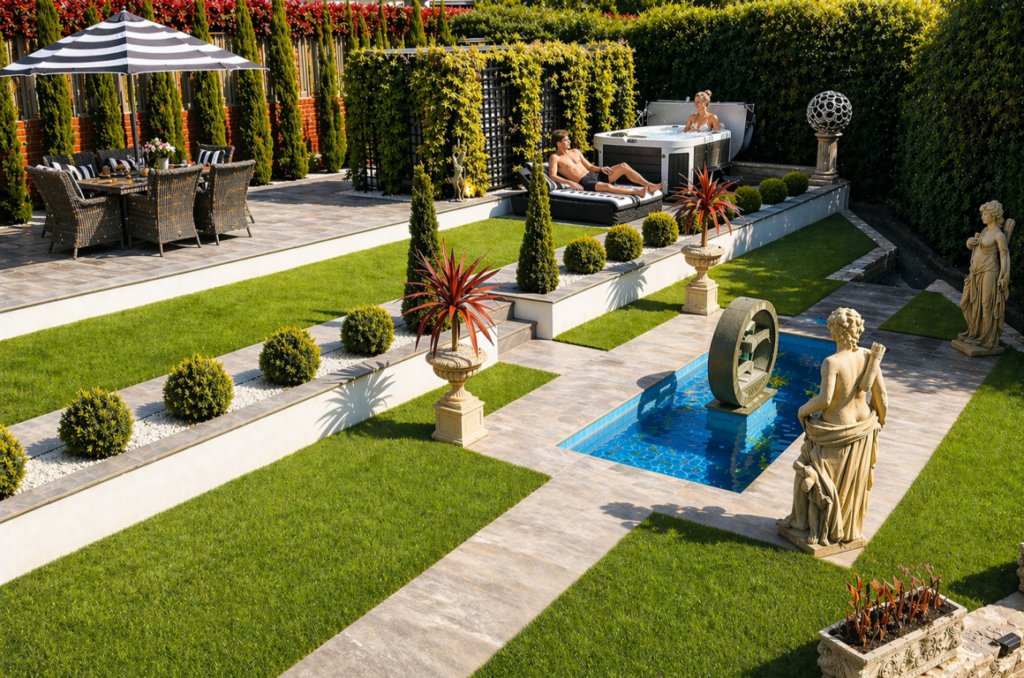 Landscaped garden with hot tub, loungers, dining terrace and water feature with guests relaxing in a private setting