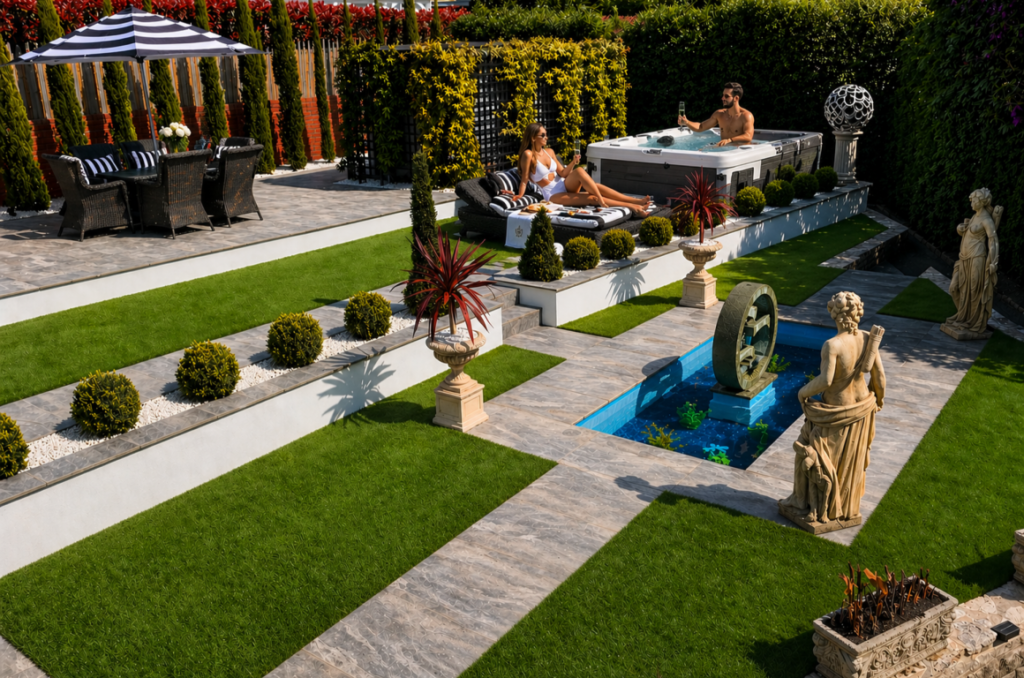 Couple relaxing in hot tub and on loungers in landscaped garden with terrace seating and water feature at luxury Bournemouth B&B