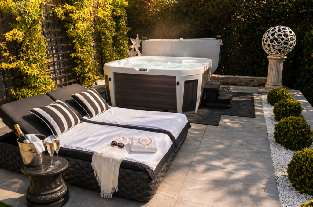 Outdoor hot tub with bubbling water beside double sun loungers, champagne and towels in a private garden setting