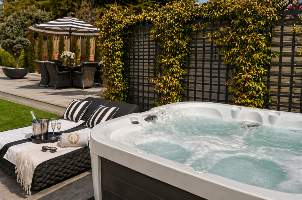 Outdoor hot tub with bubbling water beside sun loungers, champagne and towels in a private landscaped garden